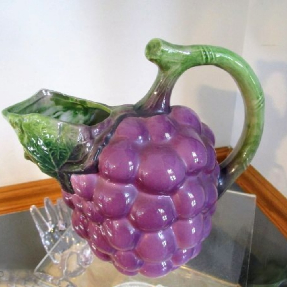 Handpainted fruit pitcher vintage. Purple table decor grapes. Housewarming gift